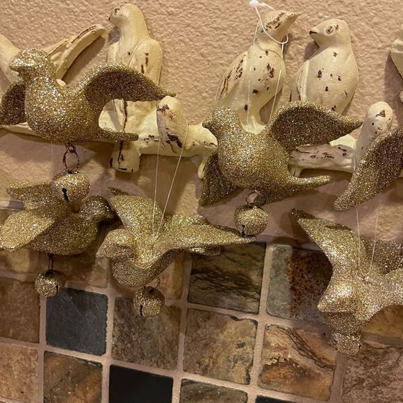18 Gold Glitter Dove Ornaments With Bells - Picture 6 of 16